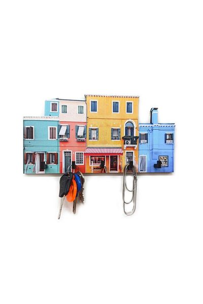 CajuArt Wooden Keychain - Colorful House Patterned Hall Doorway Key Hanger
