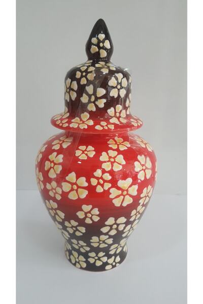 Hare Den Çiçek Desenli Kırmızı Siyah Çini Küp 20 Cm