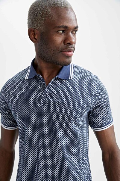 DeFacto Сlim Fit Поло з коротким рукавом з візерунком та коміром з бавовняної трикотажної тканини