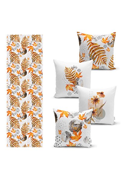 Realhomes Fundal alb Design cu frunze de aur cu 4 huse de pernă și 1 set de a...