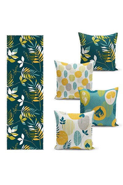 Realhomes Tropical Leaf Designed Throw Pillow Cover 4 Pieces and 1 Runner Set
