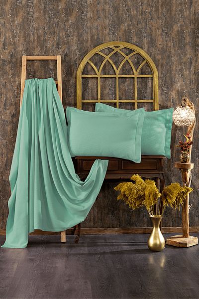 Minelya Home Collection طقم مفرش سرير وغطاء وسادة من قطن الميموزا بيكيه مكون من 3 قطع باللون الأخضر النعناعي