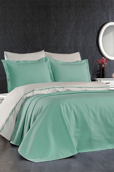 Minelya Home Collection طقم مفرش سرير وغطاء وسادة من قطن الميموزا بيكيه مكون من 3 قطع باللون الأخضر النعناعي