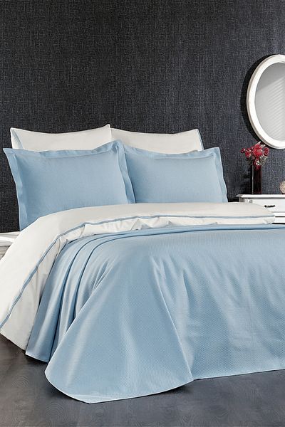 Minelya Home Collection Set cuvertură de pat și fețe de pernă, 3 bucăți, 100% bumbac Mimoza albastru