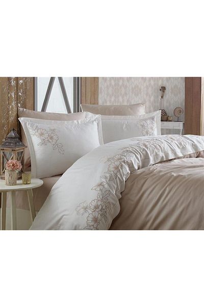 Dantela Hare Beige Colored Double Cotton Satin Duvet Cover Set