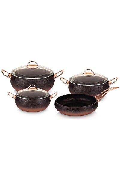 OMS PASLANMAZ Oms 7 Piece Granite Globe Cookware Set Copper Glass Lid