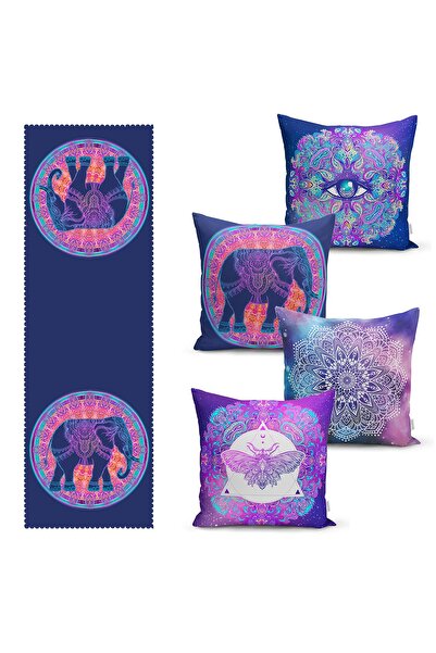 Realhomes Ethnic Elephant Designed Set of 4 Throw Pillow Covers and 1 Runner