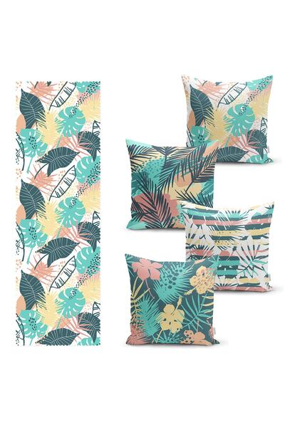 Realhomes Set de 4 huse de pernă colorate cu frunze tropicale și 1 pasaj