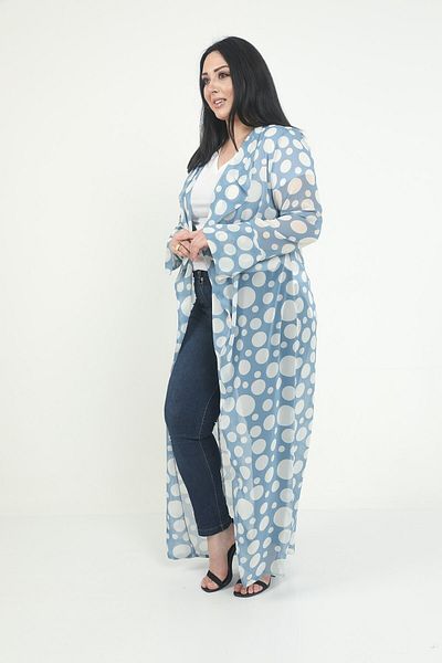 DISENTIS MODEST Guler batistă de mărime mare - Kimono lung albastru cu fantă cu buline