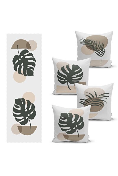 Realhomes Tropik Yaprak Tasarımlı 4 Kırlent Kılıfı Ve 1 Runner Seti