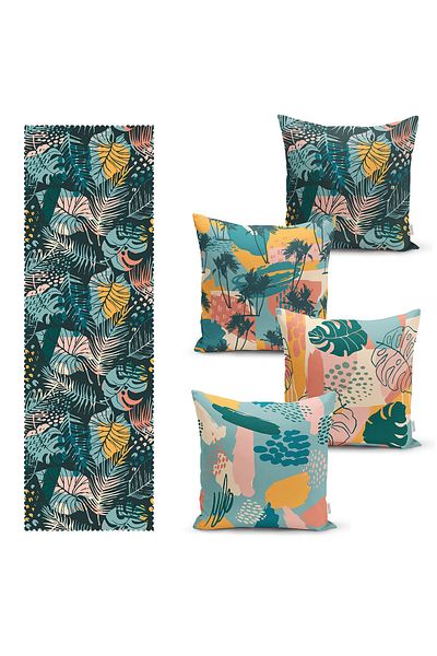 Realhomes Set de 4 huse de pernă colorate cu frunze tropicale și 1 pasaj