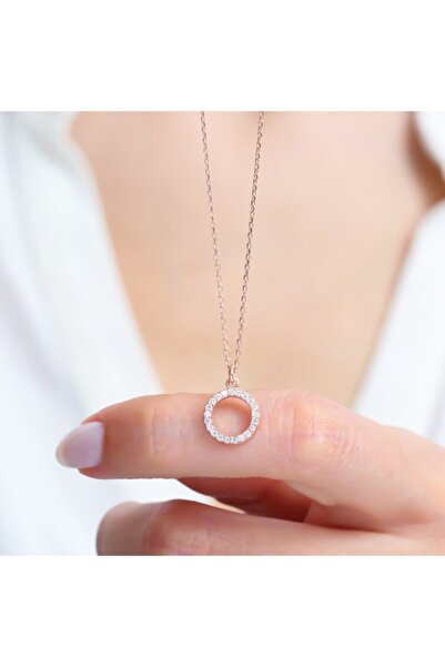 Mia Vento Kadın Beyaz  Rose Renk   Işıltılı Zarif Basic Halka Gümüş Kolye