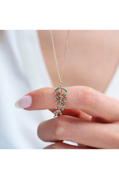 Mia Vento Yeşil Taşlı Defne Yaprağı Rose Renk Gümüş Kolye