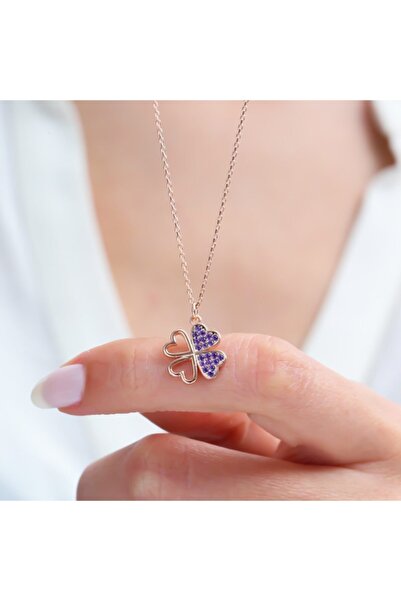 Mia Vento Ametist Taşlı Uğur Yoncası Rose Renk Gümüş Kolye