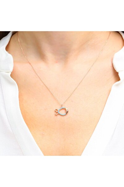 Mia Vento Kadın Firuze Taşlı Tonton Balık Rose Renk Gümüş Kolye