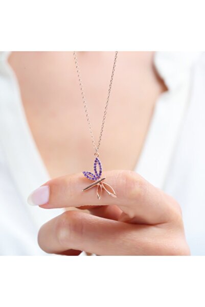 Mia Vento Ametist Moru Yusufçuk Rose Renk Gümüş Kolye