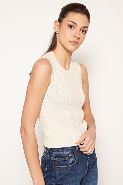 Trist Star Ekru %100 Organik Pamuk Saç Örgülü Fitilli Bisiklet Yaka Triko Atl...