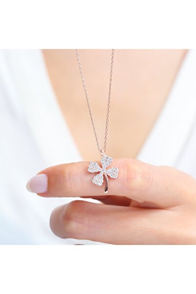 Mia Vento Kadın Beyaz Yonca Işıltısı Rose Renk Gümüş Kolye