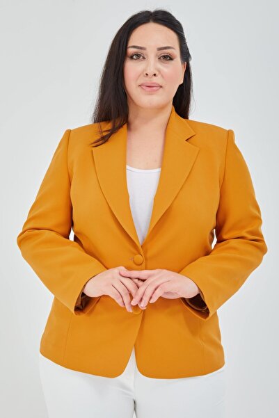 Fagi Kadın Büyük Beden Düğmeli Klasik Hardal Ceket