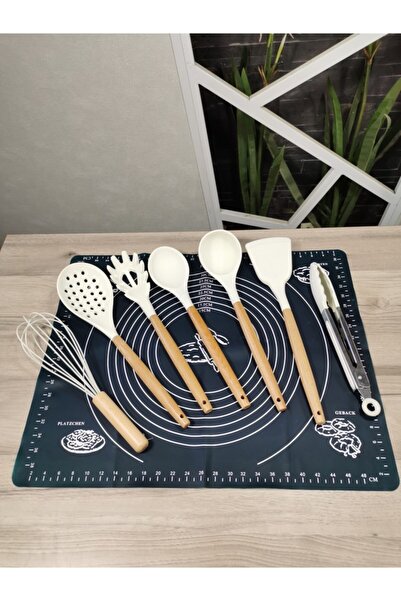 kitchen sense 7 Parça Bambu Saplı Beyaz Silikon Servis Seti Silikon Kepçe Seti