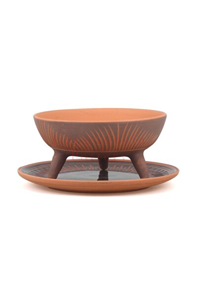 Cappadocia Pottery 25cm Desenli Ayaklı Tabaklı Toprak Çömlek Saksı No.146