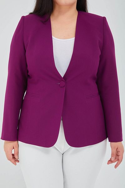 Fagi Women's Large Size V-Neck Single Button Fuchsia Jacket