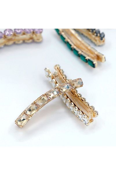 QUEEN AKSESUAR Gold Gold Metal Luxury Crystal Glass Stone Banana Clip Buckle Rectangular Square Model