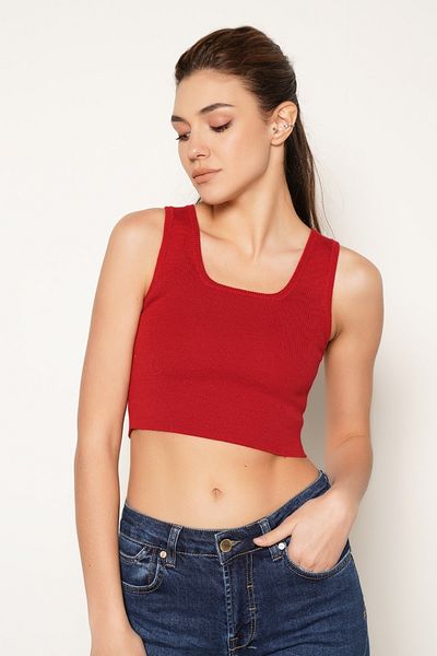 Trist Star Red 100% Organic Cotton Lycra Crop Square Collar Knitwear Athlete Knitted Blouse
