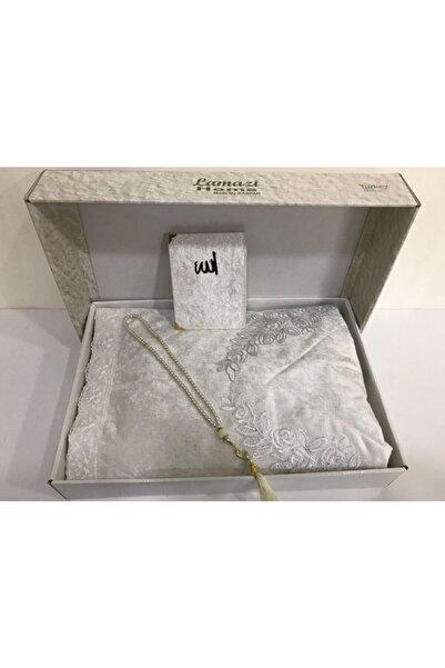 Lamazihome Krem Fransız Güpürlü Kadife Seccade - Yasin I Şerif - Tesbih