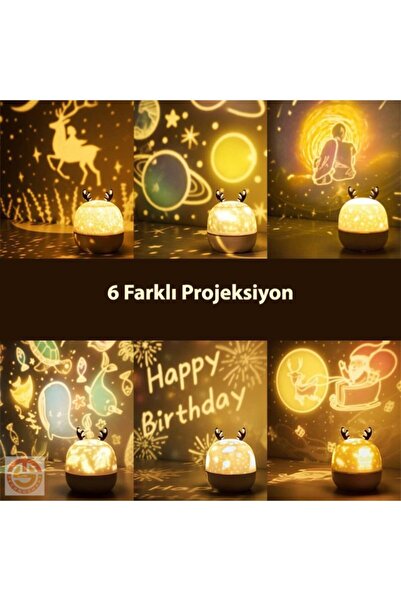 TechnoSmart Müzikli Kumandalı 6 Farklı Resimli Dönen Star Master Şarjlı Fonksiyonel Gece Lambası Lüx