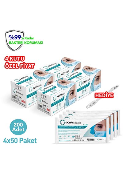 Kavmask Maske 3 Katlı Koruma Meltblown'lu|tek Tek Steril Paketli| 4x50 200 Ad...