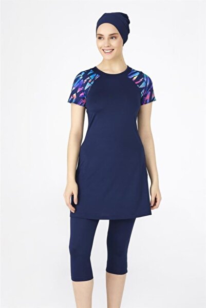 TESMAY 0446 Koyu Lacivert Lycralı Yarı Kapalı Havuz Mayo