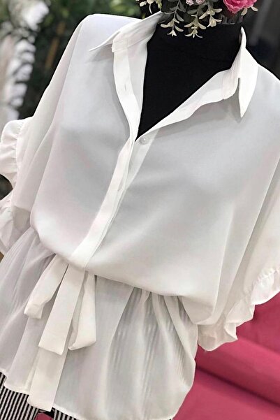 FEMELLE Λευκή μπλούζα σιφόν - μισό μανίκι, πλισέ μέση, χαλαρή εφαρμογή (ένα μέγεθος - επιλέξτε μικρότερη)