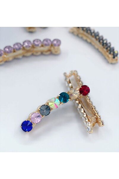 QUEEN AKSESUAR Lüks Renkli Kristal Cam Taşlı Metal Klips Toka