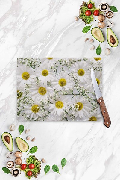 Decovetro Cam Kesme Tahtası Ve Sunum Tablası | Papatya Desenli | 30cm X 40cm