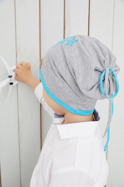 Babygiz Boy's Gray Blue Star Hat Beanie Soft Double Layer 100% Natural Cotton Combed Cotton