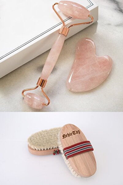 NehirTaş Sertifikalı Pembe Kuvars Gua Sha Taşı Face Roller Doğal At Kılı Fırç...