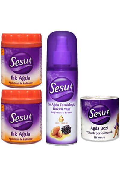 Sesu Turuncu Ilık Ağda 250gr X 2 Adet + Ağda Temizleyici Bakım Yağı 150ml + Rulo Ağda Bezi 10 metre