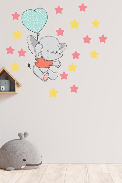 Crevidi Bulutları Üstünde Uçan Sevimli Fil Çocuk Odası Duvar Sticker