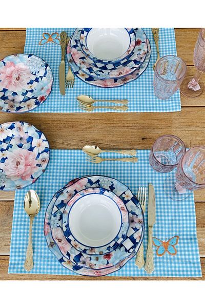 Ezem Set de 2 servicii americane brodate cu fluture Gingham albastru deschis