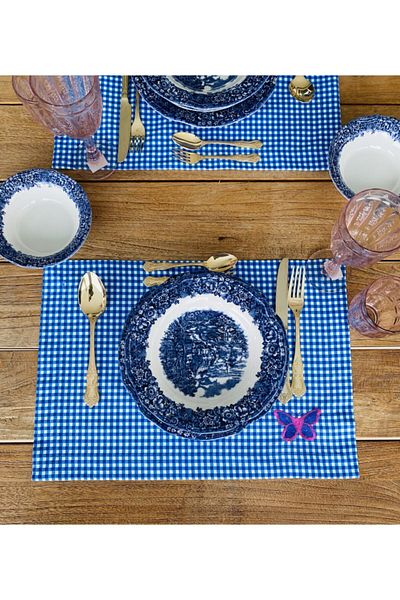 Ezem Set de 2 servicii americane brodate cu fluture vichy albastru închis