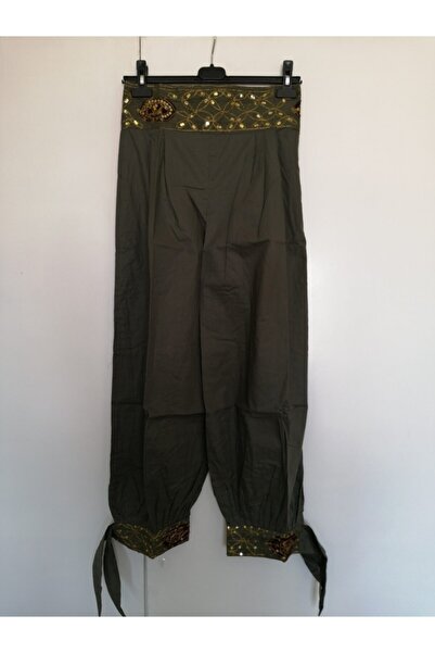 Butik Tülin Otantik Pamuk Haki Altın Sim Nakışlı Pullu Şalvar Pantolon