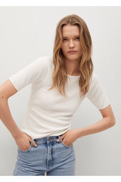 MANGO Woman Women's Ecru Slit Knitted Top