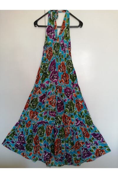 Butik Tülin Otantik Pamuk Turkuaz Çok Renkli Çiçek Desenli Parçalı Boyundan B...