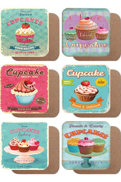 Hayat Poster Cup Cakes Cupcake Themed Set of 6 Wooden Coasters