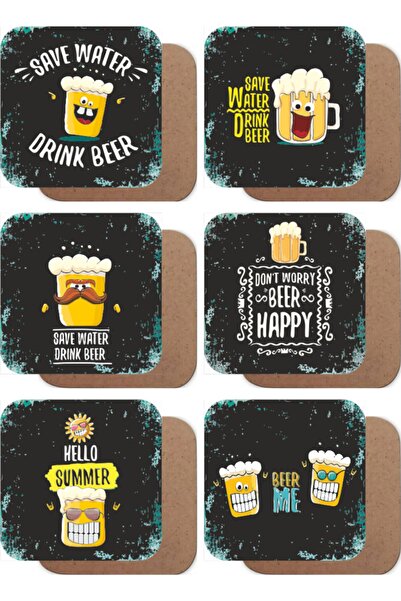 Hayat Poster Emojili Bira Temalı Ahşap Bardak Altlığı Seti 6lı