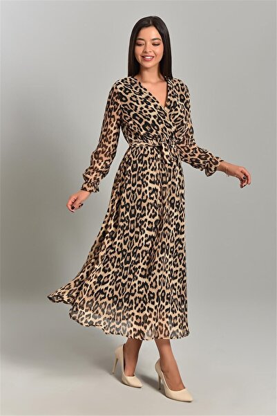 sarebutik Women's Double Breasted Collar Leopard Print Chiffon Plus Size Dress