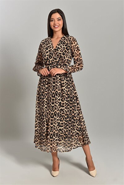 sarebutik Women's Double Breasted Collar Leopard Print Chiffon Plus Size Dress