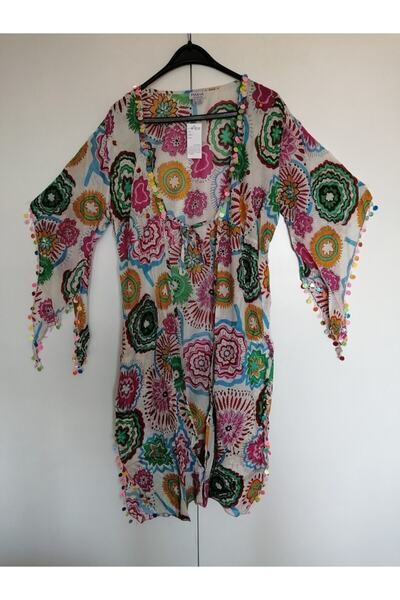 Butik Tülin Kadın Otantik Beyaz Çok Renkli Çiçekli El Işi Pul Payet Nakışlı P...