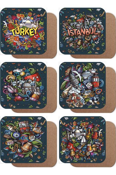 Hayat Poster Istanbul Hand-Drawn Miniatures Themed Set of 6 Wooden Coasters